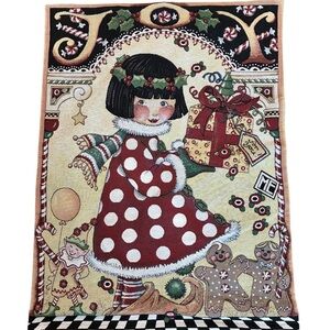 Mary Engelbreit Christmas Hanging Wall Tapestry with Tabs Joy Angel Vtg